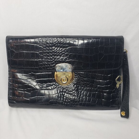 Vtg Valerie Stevens Genuine Leather Clutch, Embossed Reptile Pattern, Anti-theft - Picture 1 of 6